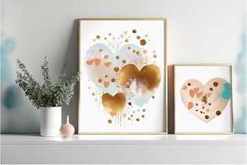  a couple of pictures on a shelf with a plant in a vase and a painting on the wall behind them with hearts on it and a vase with a plant.  generative ai