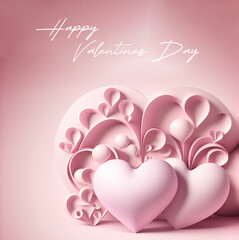 Happy Valentines Day, pink and rose Hearts with floral and natural Elements, AI