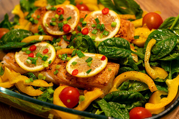 bright baked fish with vegetables