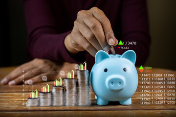 Investor saving money in piggy bank set future goals and success chart and upward arrow Save money...