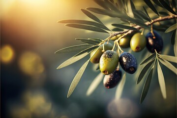  a branch with olives and leaves on it with a blurry background of the sun shining on the branches and leaves of the tree.  generative ai