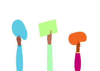 Three Raised hands of different people from different ethnic groups holding blank signs. Teamwork. Gratitude