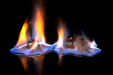 ice cube with fire and reflection, 