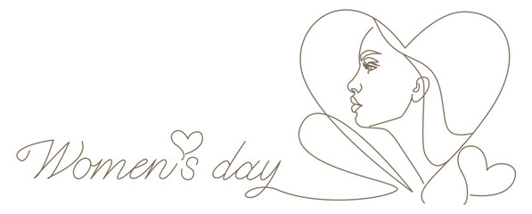 International women's day illustration. Simple line illustration for Women's day design. Beautiful woman's face, heart symbol and lettering for Happy Women's day. Vector illustration.