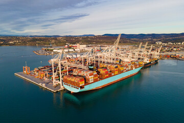 Exciting summer view from flying drone of Koper port. Aerial outdoor scene of Adriatic coastline, Slovenia, Europe. Splendid Mediterranean seascape. Traveling concept background.