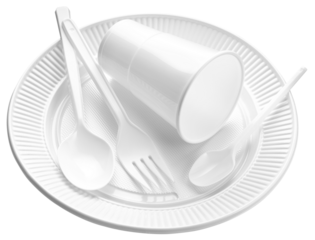 Disposable Plastic dishware. White cup, plate, fork and spoon isolated on transparent background