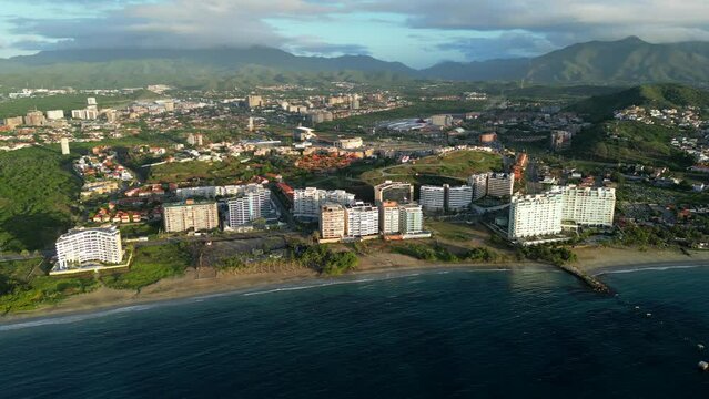 Aerial view of Porlamar city. El Angel beach with hotels on the shore. Margarita island, Venezuela