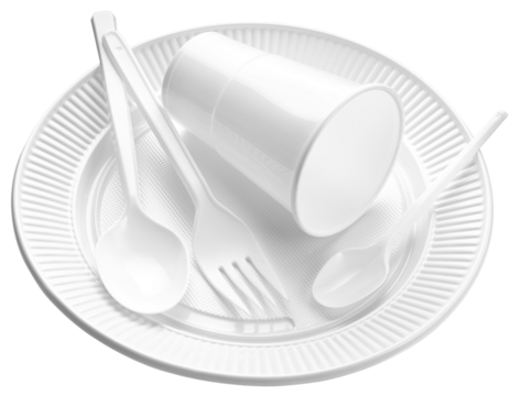 Disposable Plastic dishware. White cup, plate, fork and spoon isolated on transparent background