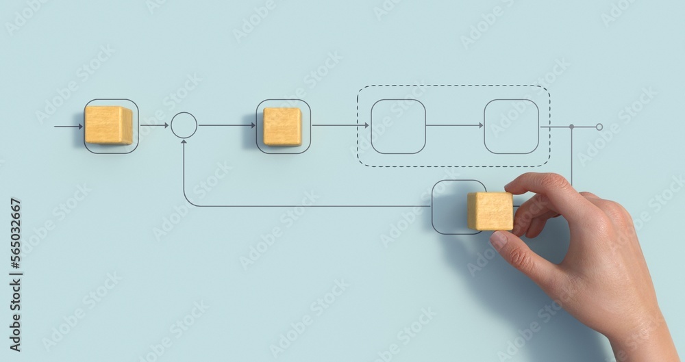 Poster business process management and automation concept with person moving wooden pieces on flowchart dia