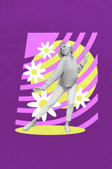 Collage photo poster of cheerful dancing celebrating beautifl spring season blooming white daisy flower isolated on purple painted background