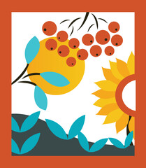 Vector drawing sunflower, red viburnum, sun, love Ukraine. Print for clothes, sticker, poster. Vector elements.