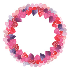 Valentine's day frame is isolated on a white background. Watercolor heart wreath. Pink template for a greeting card. Romantic illustration. Purple round frame clipart for your design. Background.