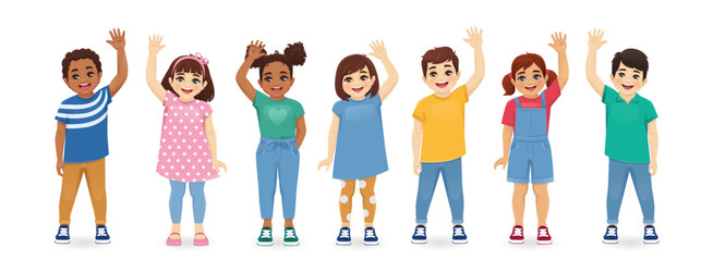 Smiling kids boys and girls waving hands set isolated vector illustration. Multiethnic little children.
