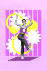 Collage photo of young attractive energetic dance party springtime season blooming beautiful daisy flowers pms isolated on purple background