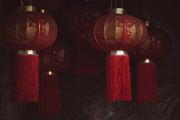 Chinese red lanterns with blessings on them