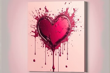  a heart with paint splattered on it is displayed on a wall in a room with pink walls and a pink flooring area.  generative ai