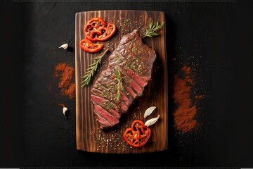  a steak with herbs and tomatoes on a cutting board on a black background with a spoon and knife next to it and a wooden board with a piece of meat.  generative ai