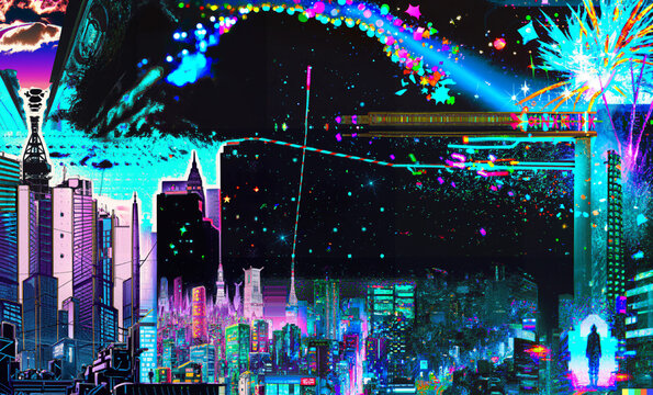 Cyberpunk Style Modern Japanese Cityscape at Night with Sparkle Firework, Skyscraper, Comet in Bright Neon Colors, Created with Generative AI Technology