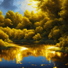 Golden lake landscape background 