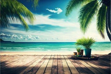  a painting of a beach with a palm tree and a basket of flowers on a wooden deck with a view of the ocean and a beach.  generative ai