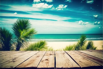  a wooden table with a view of the beach and ocean in the background with palm trees in the foreground and a blue sky with clouds in the background.  generative ai
