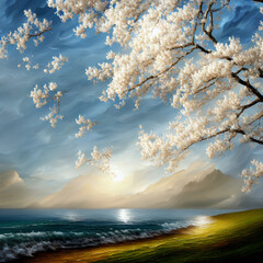 landscape with cherry blossom white tree generative ai