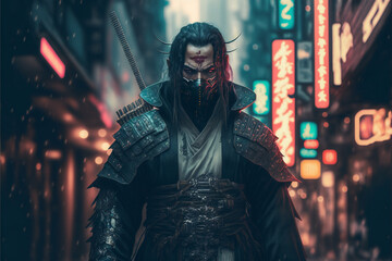Samurai in an cyberpunk styled city street - obrazy, fototapety, plakaty