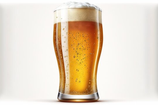  a glass of beer with a foamy foamy substance on the bottom of it, with a white background, is shown in a flat lay position.  generative ai
