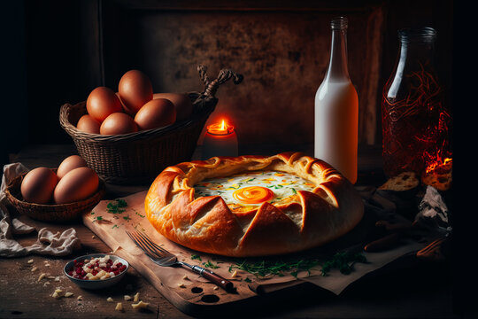 A photograph of a traditional Georgian dish, khachapuri, a cheesy bread boat filled with melted cheese and eggs