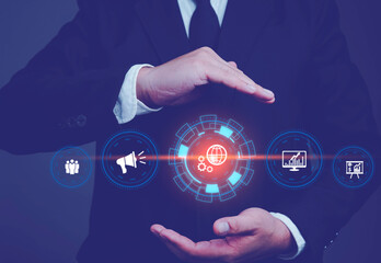 Hand shows the sign and icon of Digital marketing internet advertising and sales increase business technology concept, online marketing, E-business, Ecommerce, Business online.