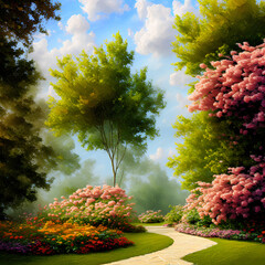 landscape with trees and flowers generative ai