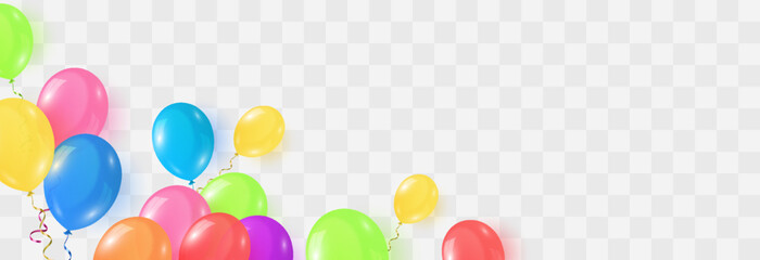 Vector colorful balloons isolated on png background. Realistic festive 3d helium balloons template for anniversary, Birthday party design. Vector illustration on transparent background