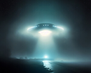UFO space ship with light projectors at night. Volumetric lights and smoke. Digitally generated AI image.