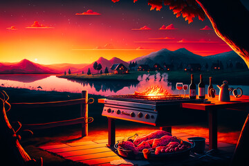An idyllic scene of a barbecue surrounded by the natural beauty of the countryside at dawn