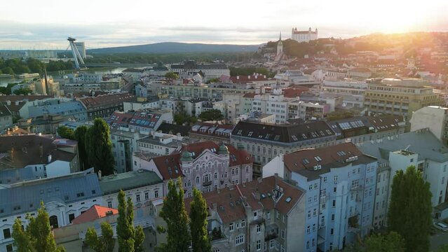 Aerial Shot Of Bratislava Beautiful Buildings And Cityscape At Sunny Day, Slovakia