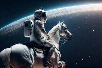 Generative ai astronaut riding horse animal in outer space cinematic style.