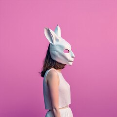 Generative ai young woman on isolated background wearing bunny rabbit mask