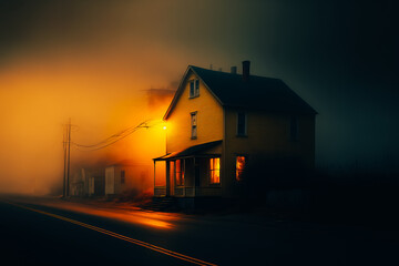 Obraz premium an old yellow house on the side of the street dramatic