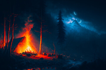 fire at night, tent in the forest