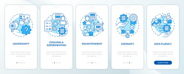 ICT literacy levels blue onboarding mobile app screen. Employment walkthrough 5 steps editable graphic instructions with linear concepts. UI, UX, GUI template. Myriad Pro-Bold, Regular fonts used