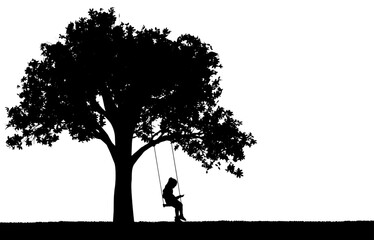 Silhouette Vector of a little girl reading a book sitting on a swing under a tree