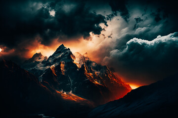 photo of a mountain range, with the sun breaking through the storm clouds