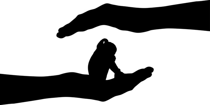 Little girl baby crying sitting in big hands. Vector Silhouette.