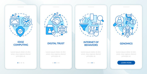 Information technology trends blue onboarding mobile app screen. Walkthrough 4 steps editable graphic instructions with linear concepts. UI, UX, GUI template. Myriad Pro-Bold, Regular fonts used