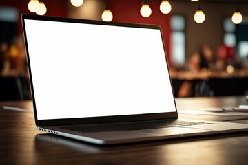 Modern laptop mockup on the table, Resturant background ,AI generated