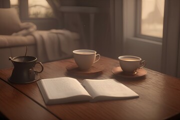 Obraz premium still life book and a cup of tea in the living room on a wooden table, the concept of coziness and interior - generative ai