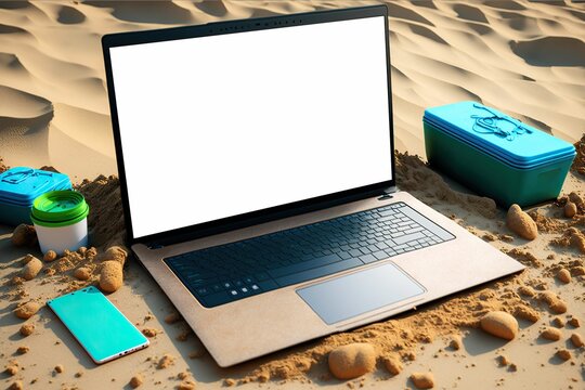 Modern laptop mockup  on the sand , beach background ,AI generated
