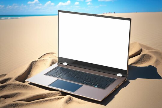 Modern laptop mockup  on the sand , beach background ,AI generated

