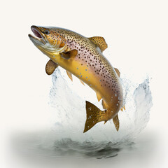Beautiful leaping brown trout white background, generated by IA