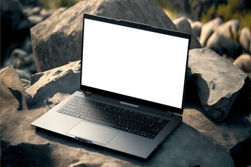 front view Modern laptop mockup on the rocks, with Climbing supplies in rocks mountains background,AI generated